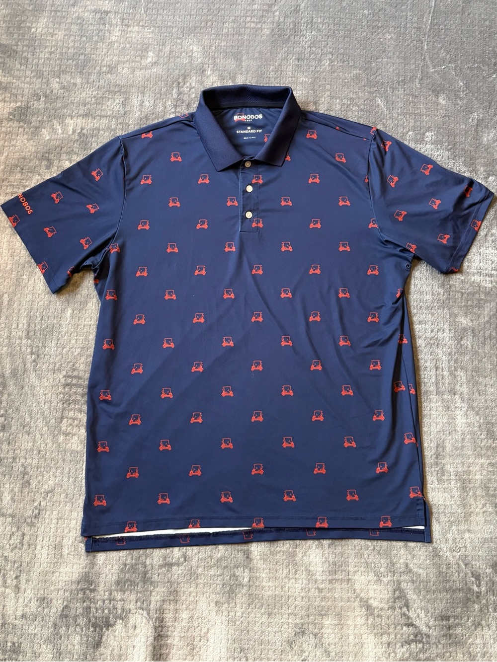 Bonobos Golf Men’s M Standard Fit Stretch Blue/Orange Golf Cart Print Polo Shirt